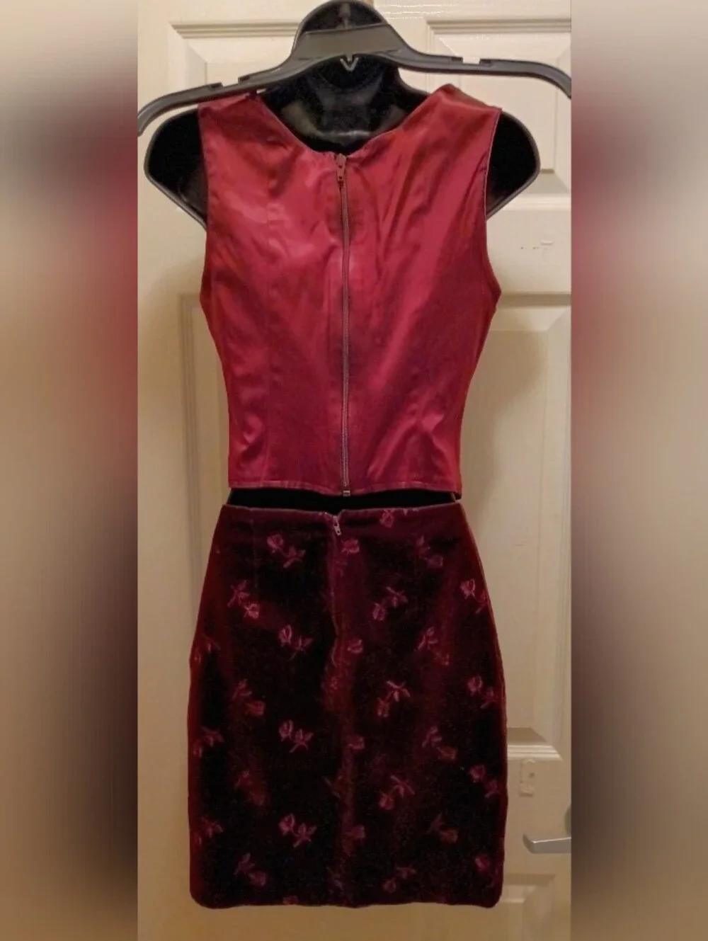 Vintage Tina Hagen Two-Piece Plum Velvet Floral Corset Top & Skirt Set